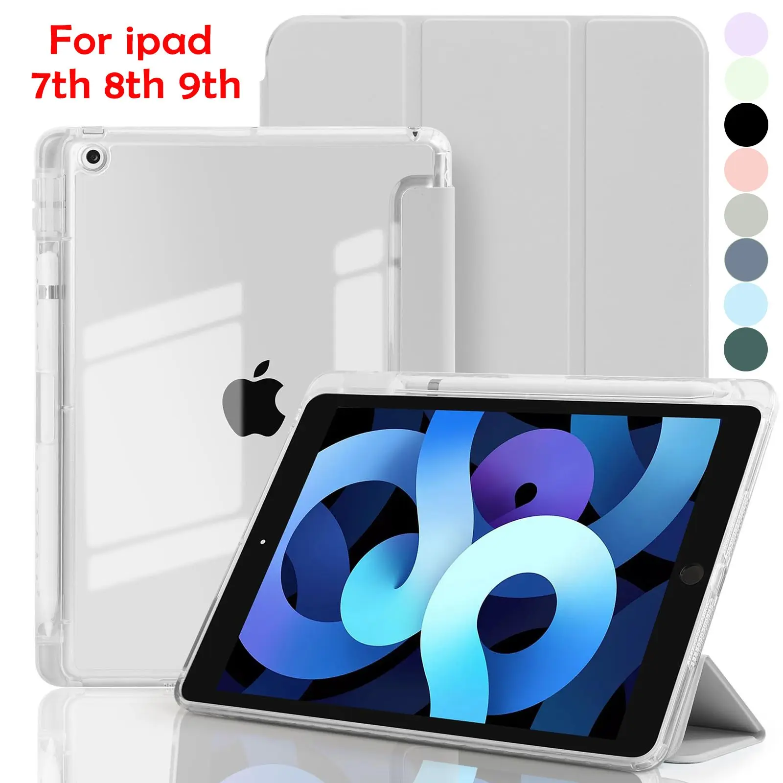 Case, Tablet Casing for iPad 10.2 Inch (9th/8th/7th Generation, 2021/2020/2019 Released) with Pencil Holder, Clear Back Shell Slim Stand Shockproof Protection Tablet Protective Cover, Auto Wake/Sleep