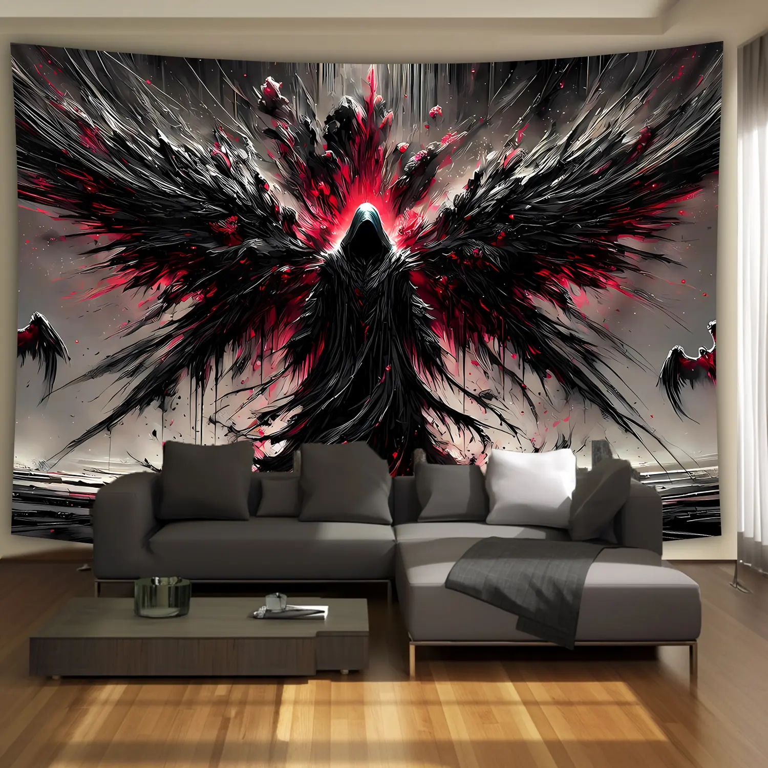 Ultra Large Fantasy Gothic Tapestry - Black Robe Wings & Red Accents HD Digital Print, Premium Polyester Wall Hanging with Wrinkle-Resistant Fabric & Hanging Clips for Living Room, Bedroom, Party Decor, Gothic Decor