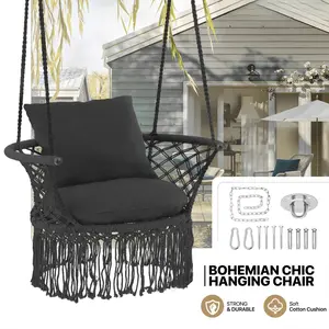 Macrame Hanging Swing Chair, Boho Style Hanging Rope Hammock Chair w/Tassels Max 350 lbs for Porch, Balcony,Outdoor
