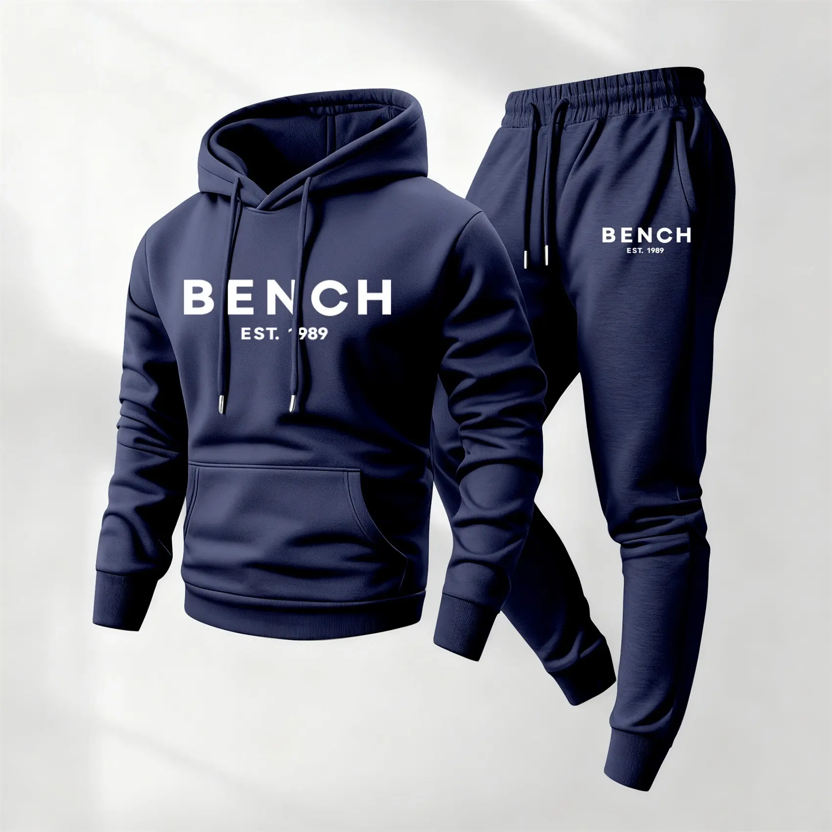 Men's Bench Printed 2-Piece Hoodie & Drawstring Sweatpants Set - Minimalist Menswear, Polyester Clothes, Casual Loose Lightweight Warm, Long Sleeve Hooded Jacket & Trousers, Machine Wash, Fall/Winter Daily Wear, Athletic Men's Clothes, Loose Fit, Male, No