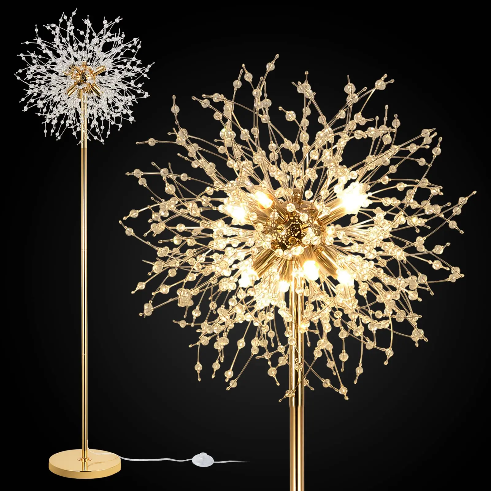69" Gold Crystal Floor Lamp for Living Room, Vintage Floral Tree Standing Lamp with K9 Crystals, Tall Metal Pole Light with On/Off Foot Switch, Modern Elegant Standing Lamp for Bedroom, Corner, Home Decor