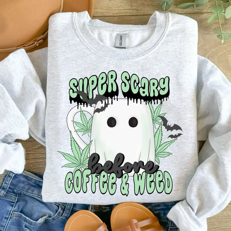 Stoner - Super Scary Before Coffee and W33d - Ash Grey - Sublimation-  - Unisex Jersey Sweatshirt