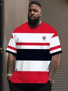 Men's Plus Size Loose-Fit Geometric Pattern Short Sleeve Round Neck Casual T-Shirt, Breathable Polyester Blend Fabric, Ideal for Sports & Daily Wear, Stripe, Menswear, Print, Streetwear