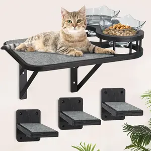 Brand Cat Wall Shelves with 3 Steps & Scratching Post, Hammock & Perches with 2 Food Bowls, Wooden Cat Bed & Wall Mounted Shelf