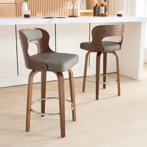 Clinq NEW PU Leather Upholstered Bar Chair  26" Counter Height Bar Stools - Mid-Century Modern Swivel Stools with Bentwood Legs, Leather Upholstery and 360° Rotation for Kitchen, Restaurant, or Home Bar