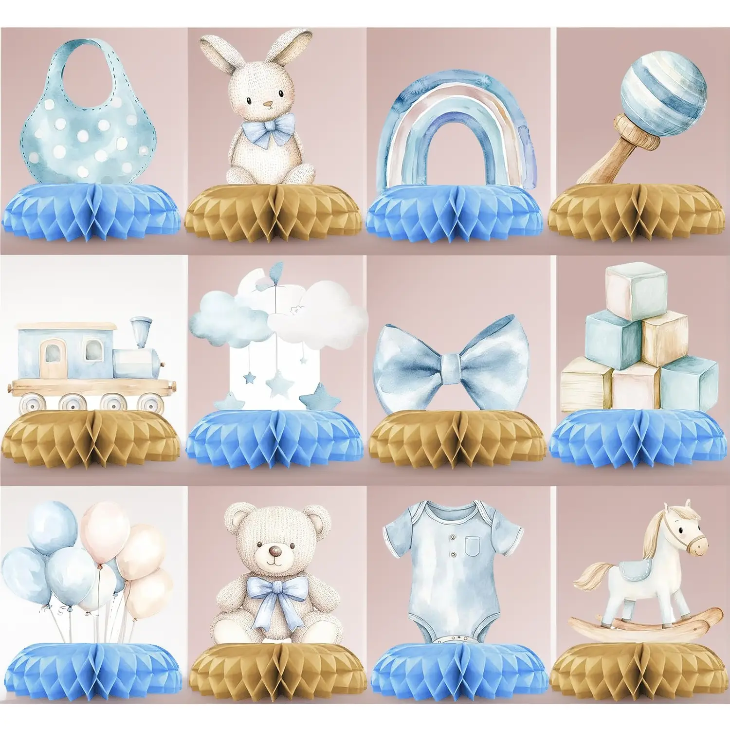 Blue Honeycomb Teddy Bear Baby Shower Centerpieces, 12-Piece Table Decoration for Boy Baby Shower, First Birthday Party, Ornaments, Animal, Paper Honeycomb, Set Pack, Party Decorations, Boy Baby Theme
