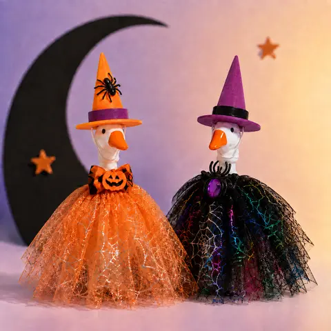 7 in Halloween Desk Goose Figurine Outfit Set Package - 2 outfits(without goose), Classic Witch Costumes with Spiderweb Tutu Skirts, Felt Hats, Pumpkin Bows, Jeweled Spiders, Lightweight Orange & Black Home Decor Decoration for Entryway