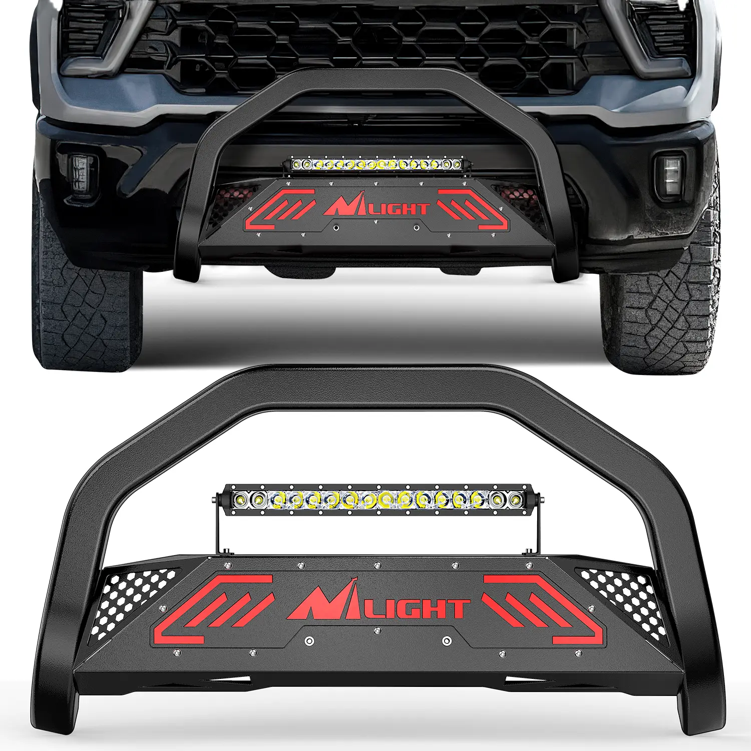 Nilight 17-In LED Integrated Bull Bar with LED Lights, Front Bumper Grille Brush Push Guard Protector, Skid Plate, License Plate Hole, Fits 2019-2024 Chevy Silverado 1500 (Excl. 19 LTD Classic), GMC Sierra 1500 (Excl. 19 LTD Classic)
