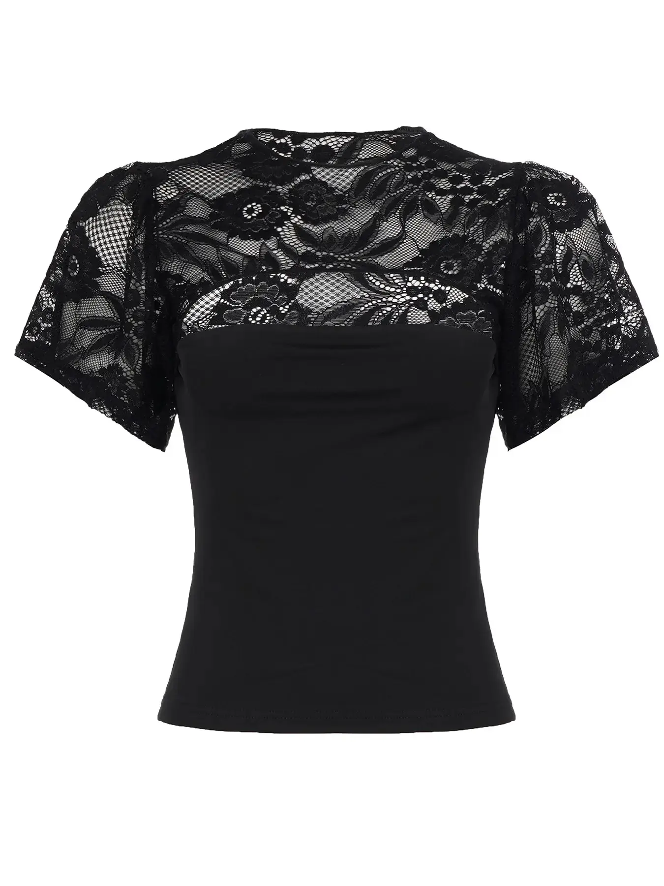 Women's Plain Sexy Lace-Patchwork Hollow-Out Top, Short-Sleeve Fitted Waist Shirt for Casual Summer Fashion, Without Zipper, Womenswear
