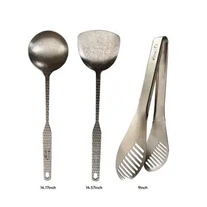 【Kitchen ware】Titanium Kitchen Utensil Set – 3-Piece Spoon, Spatula & Food Tongs. Pure titanium, non-coating, acid-resistant, rustproof, lightweight and durable. Heat-resistant tools for cooking, frying and serving.