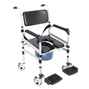 Shower Chair with Wheels Rolling Commode Chair for Toilet with Arms, Adjustable Height Folding Bath Commodes for Inside Shower, Bedside Wheelchair Bathroom Chairs for Elderly, Disabled, Injured