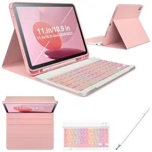 Ipad 11th 10th Generation Case With 10.9 Inch 2022 Detachable Wireless 7colors Backlight Pencil Holder For And Magnetic Disc Universal Stylus Pen Gen Pink