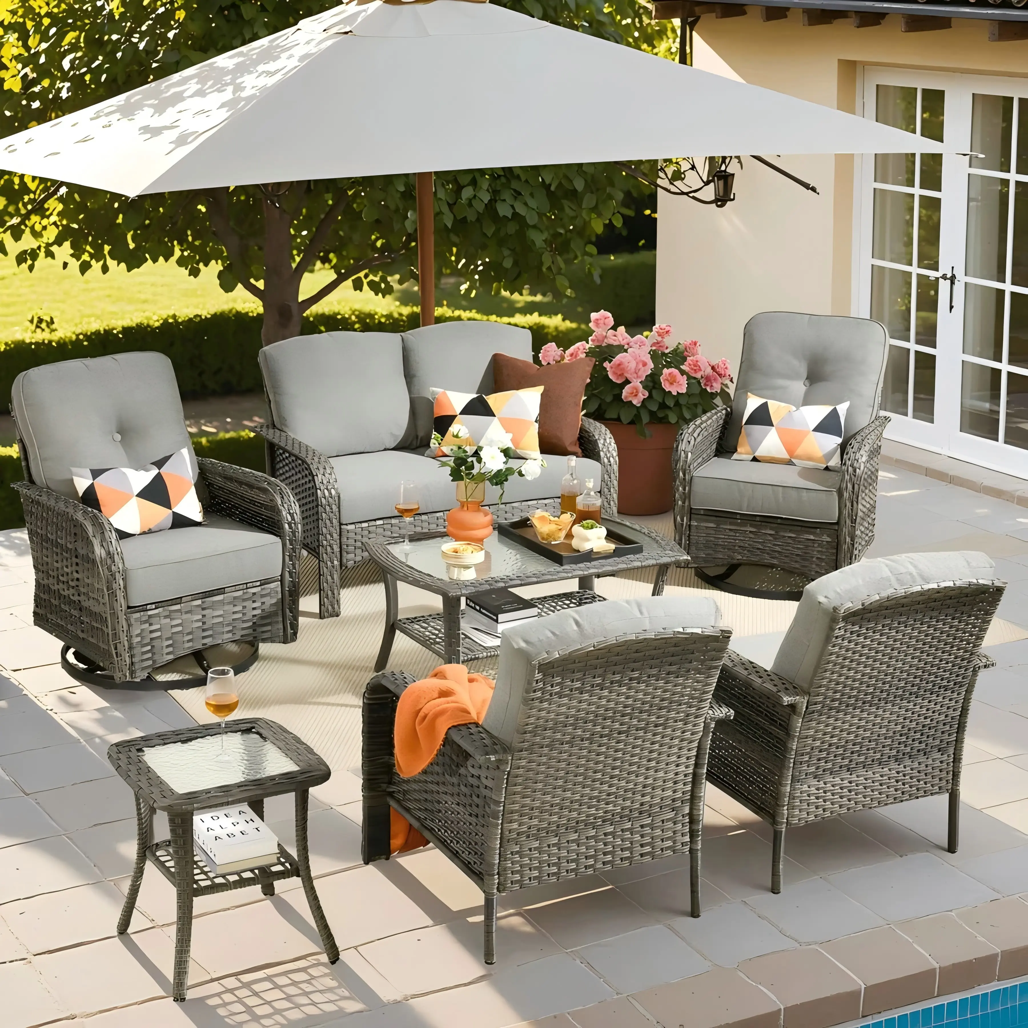 【Summerfinds】OVIOS 7-Piece Outdoor Patio Set with Swivel Rocking Chairs & Coffee Table, All-Weather Wicker Conversation Set with Cushions for Backyard, Patio, Porch, Deck & Garden