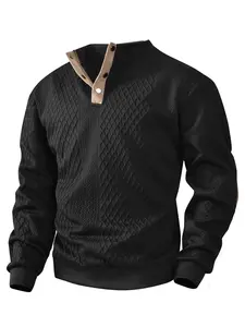 Men's Argyle Pattern Sweater, Casual Fitted Design, Metal Button Stand Collar, Perfect for Daily Wear & Office