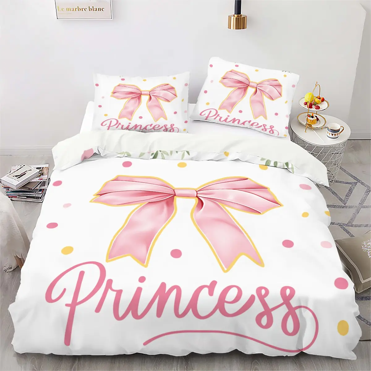 Princess Printed Cute Bedding Set with Polka Dots, Bowknots & Floral Rose Prints, Soft Comfortable 3-Piece Sheet and Pillowcases, Ideal for Kids and Adults