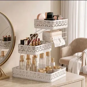 1Pc Patterned 3-Tier Metal Cosmetic Organizer Large Capacity Anti-Wobble Rack for Vanity Bathroom Kitchen Counter White