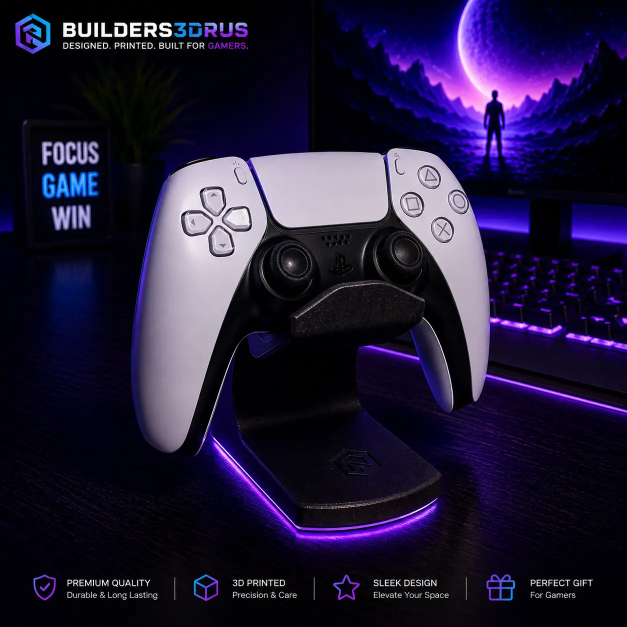 PS5 Controller Stand for Gaming Desk Setup | Minimalist PlayStation Controller Holder | Gamer Desk Accessory | 3D Printed Gaming Organizer