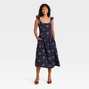 Women's Sleeveless Midi Pullover A-Line Dress - Universal Thread Navy Blue Floral M