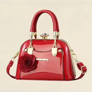 Chic Women's Glossy Patent Leather Handbag, Vintage-Style Top Handle Bag with Rose Decoration & Gold Hardware, Versatile Crossbody Shoulder Bag for All Occasions