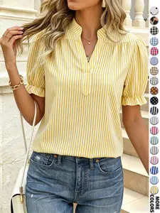 Spring Summer French Style Striped Short Sleeve Ruffled Shirt, Stand Collar Half Open Front, Casual Fitted Top, Comfortable Basic Wear