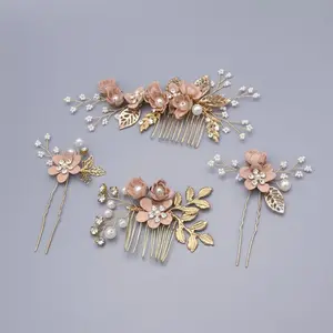 4Pcs Wedding Hair Clip Comb Handmade Bridal Hair Clip Pearl Floral Leaf Hair Accessories for Women Wedding