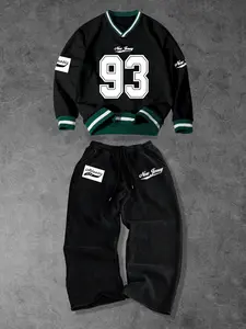 Street Casual Set Unisex Stacked Collar Sweatshirt Long Sleeve Print Pants Two-Piece Set, Colorblock, American Retro School Style