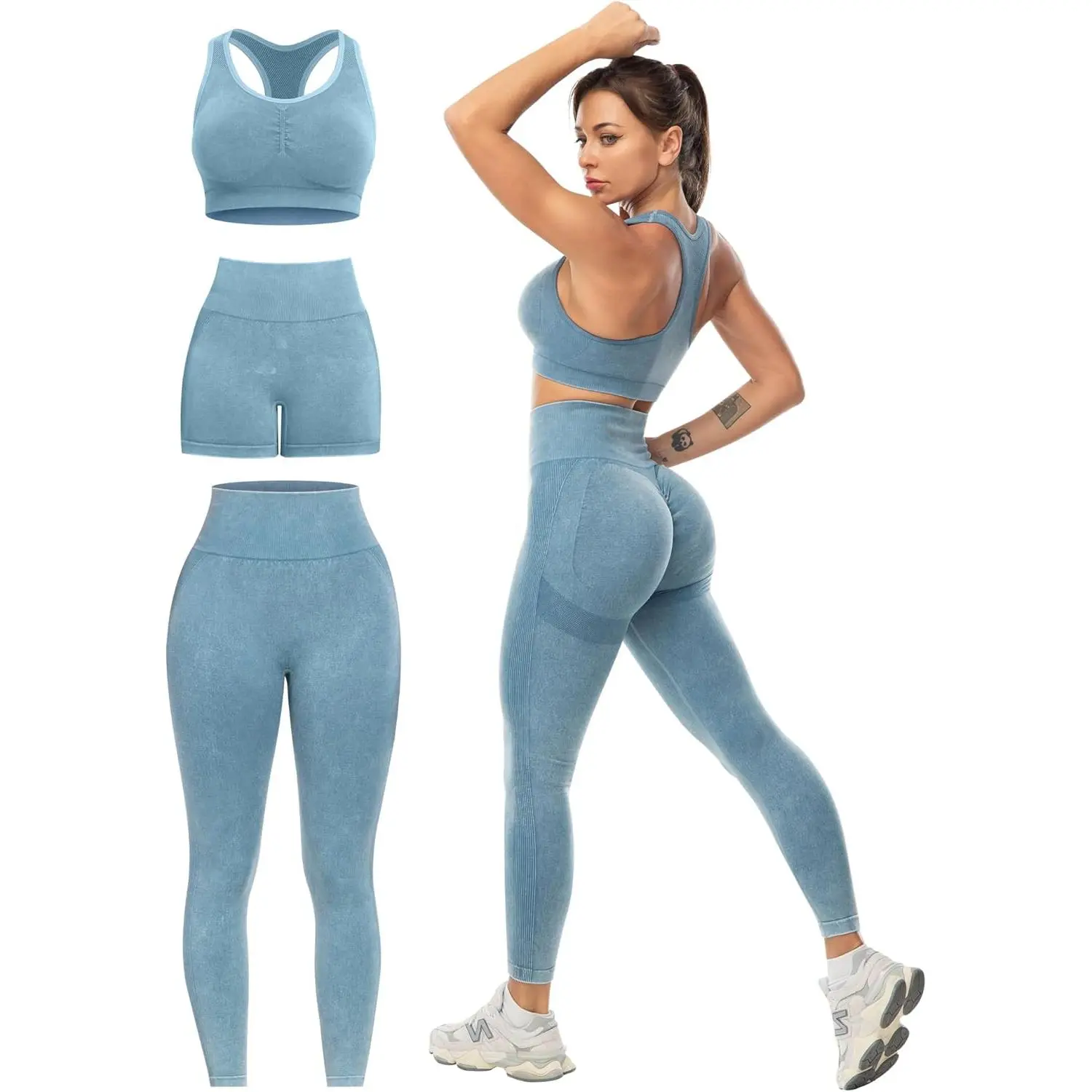 3 Piece Workout Set for Women, Seamless High Waist Butt Lifting Leggings, Gym Shorts, and High Impact Sports Bra Fitness Outfit, Fitness Training Clothes, High Waist Sports