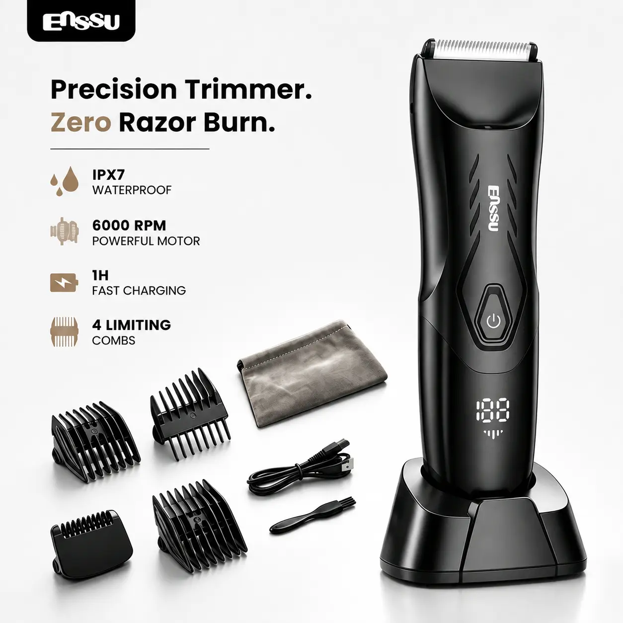 Enssu Men Body Hair Trimmer, Waterproof Electric Groin Hair Trimmer with Ceramic Blade, LED Power Display, Rechargeable Pubic Hair Shaver for Men Personal Grooming