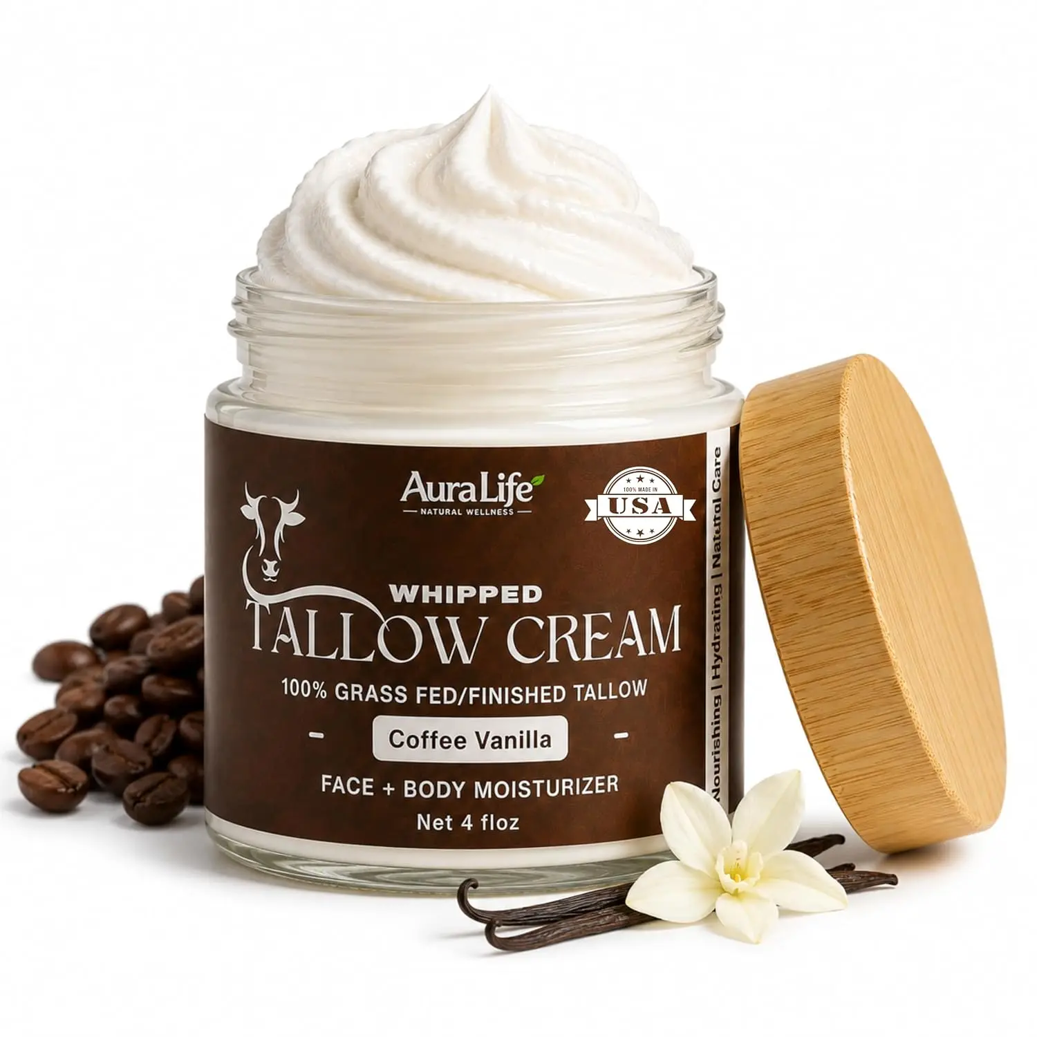 AuraLife ! Whipped Tallow Cream - Coffee Vanilla, Natural Moisturizer for Face & Body, Organic Grass-Fed Beef Tallow, Deep Hydration, Gentle on Sensitive Skin, 4oz Jar, Coconut, Vitamins, Body Care