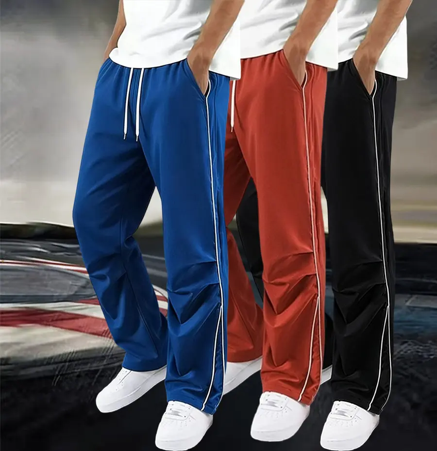 Men’s fashion casual pants with a drawstring waist, versatile for everyday wear, featuring pocket design and side stripes, available in multiple colors, suitable for outdoor activities., Activewear, Sportswear