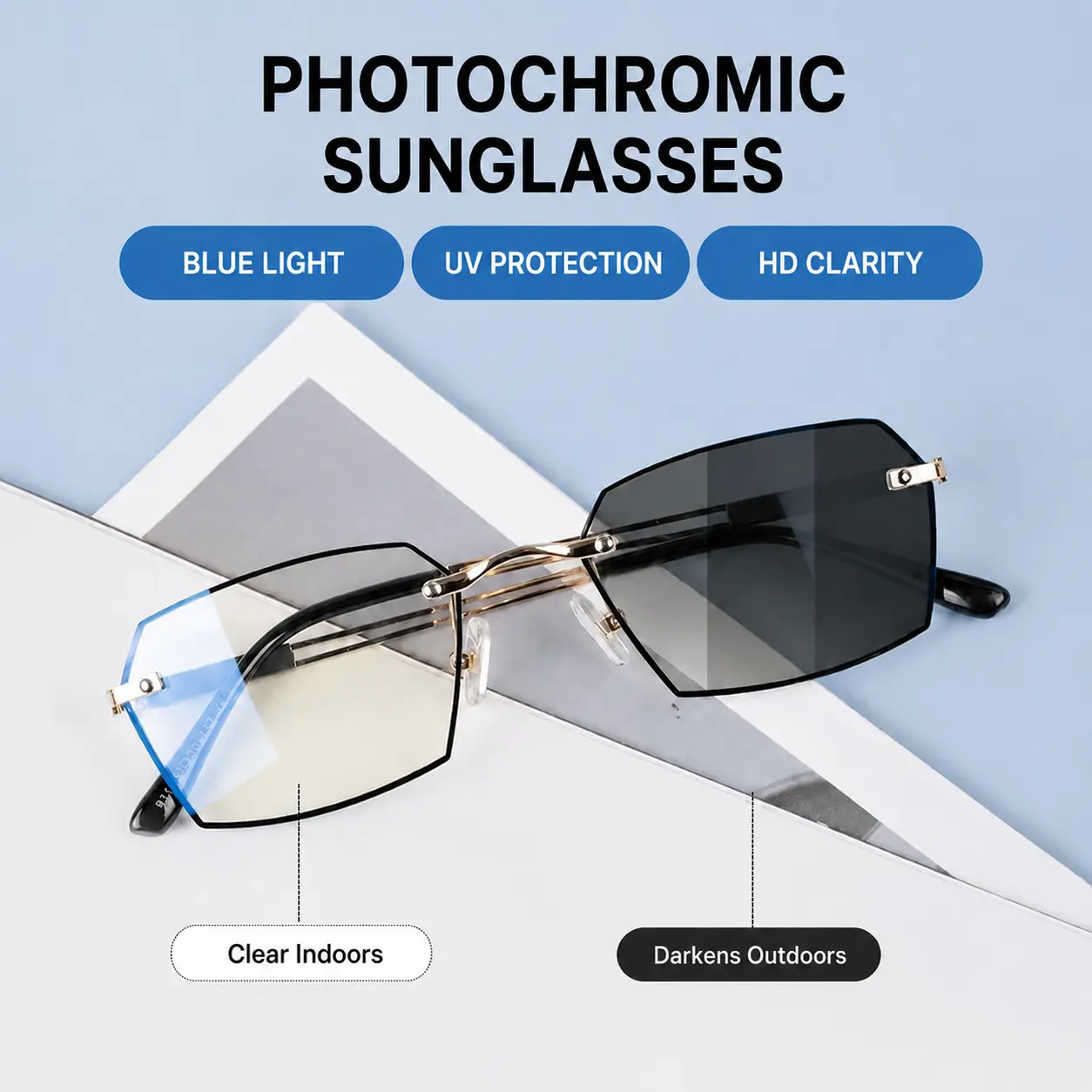 2-in-1 Photochromic Reading Glasses, Blue Light Filter & UV Block, Lightweight Semi-Rimless Readers for Indoor Work & Outdoor Activities, Anti Glare, Eye Protection for Seniors soft silicone nose pad