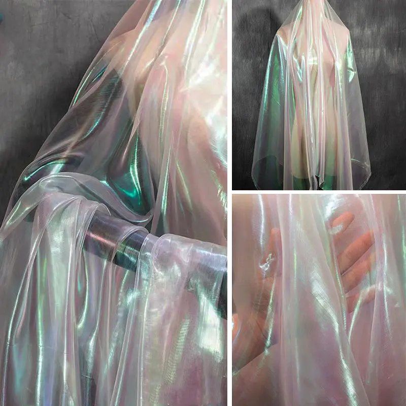White shimmering chiffon fabric, lightweight and breathable mesh material, suitable for DIY crafts, clothing, and wedding decoration fabrics
