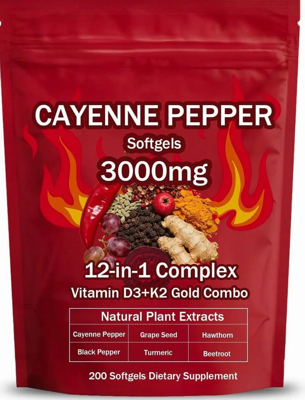 Cayenne Pepper Softgels Supplement, Supports Leg Vein, Heart and Blood Vessel Health, with Vitamin E D3+K2 and Extracts of Grape Seed, Hawthorn, Beetroot and Others (1)undefined