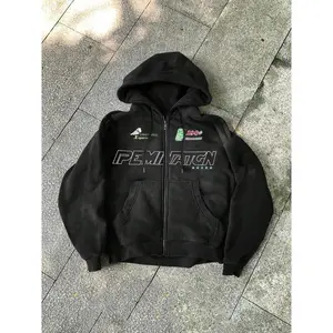 American Retro Style Pemination Hooded Zipper Sweatshirt, Racing Patchwork, Letter Print, Star Embellishment, Streetwear, Loose Fit, Casual Fashion Sweatshirt