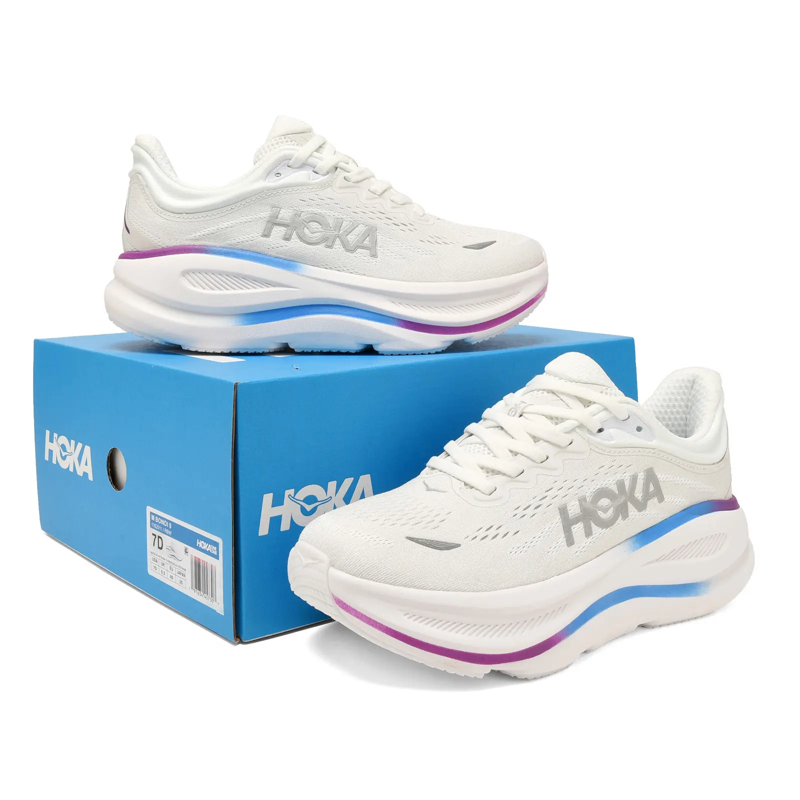 Gradient stripe curved foam athletic flats fit soft neutral street jog, ventilated cream white mesh upper blue purple gradient side trim shock absorbent thick cushioned midsole grippy outsole for student daily walking training shoes