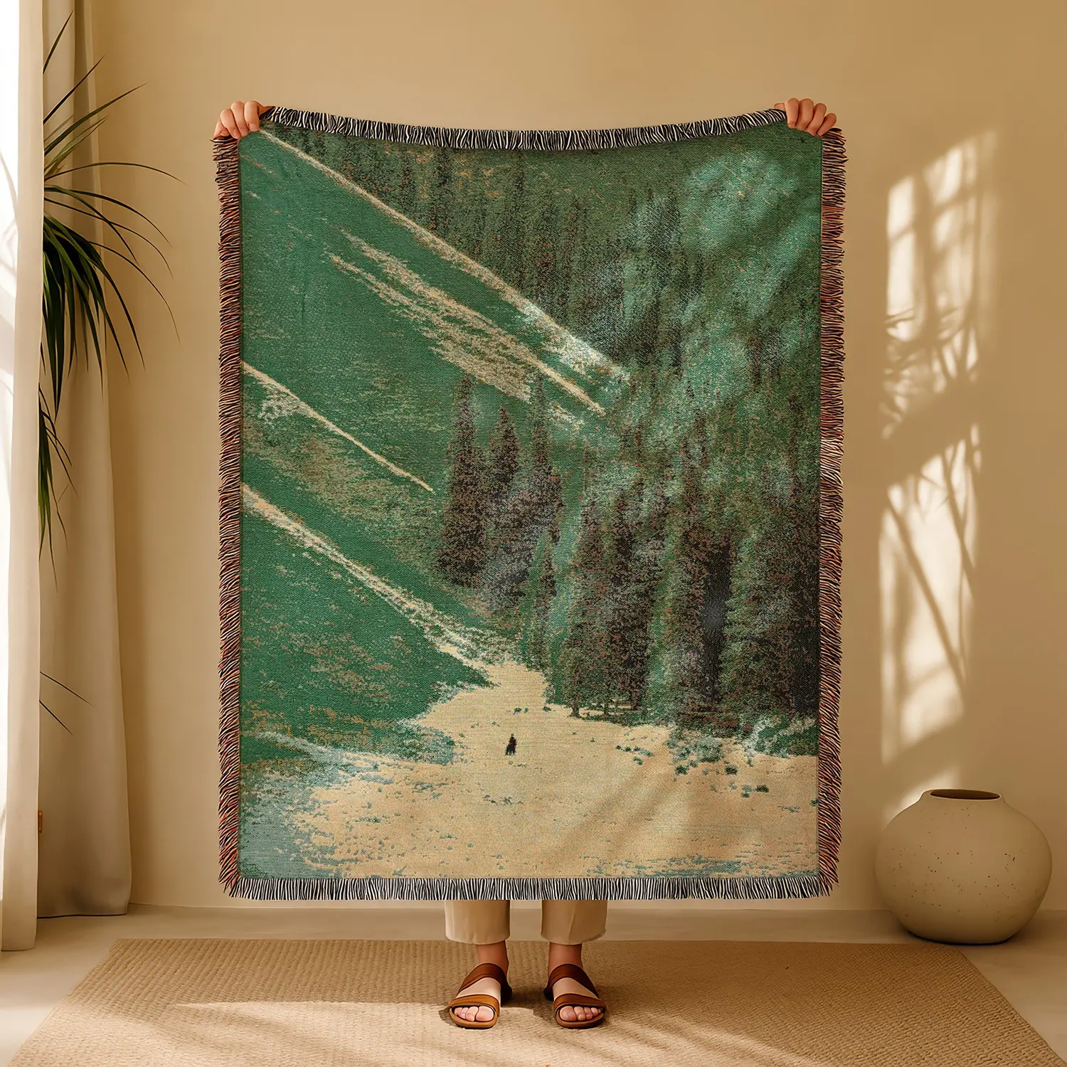 Mountain Slope Forest Scenery Bohemian Yarn Jacquard Woven Blanket, Throw Blanket with Tassel Chunky Soft Not Printed, Wear-resistant, Washable, Easy To Care, No Fading, No Pilling, Used for Home Decor, Sofa, Chair, Bed, Picnic & Outdoor Camping
