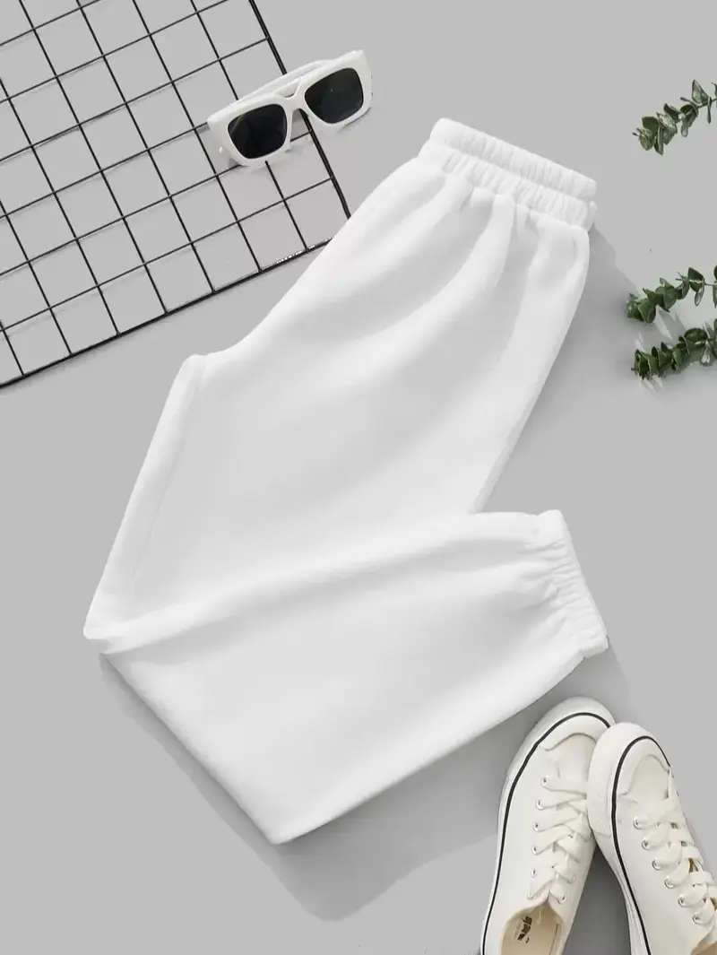 Women Solid Elastic Waist White Sweatpants Graduation,Back To School Outfits,Graduation,Teacher Outfits For Women,Back To School
