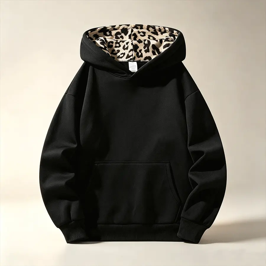 Retro leopard print color blocked hooded pullover and cardigan sweatshirt collection, available in half zip and full zip options with various fits, ribbed hem cuffs, comfortable breathable fabric, unisex, suitable for going out, trendy styling, and layeri
