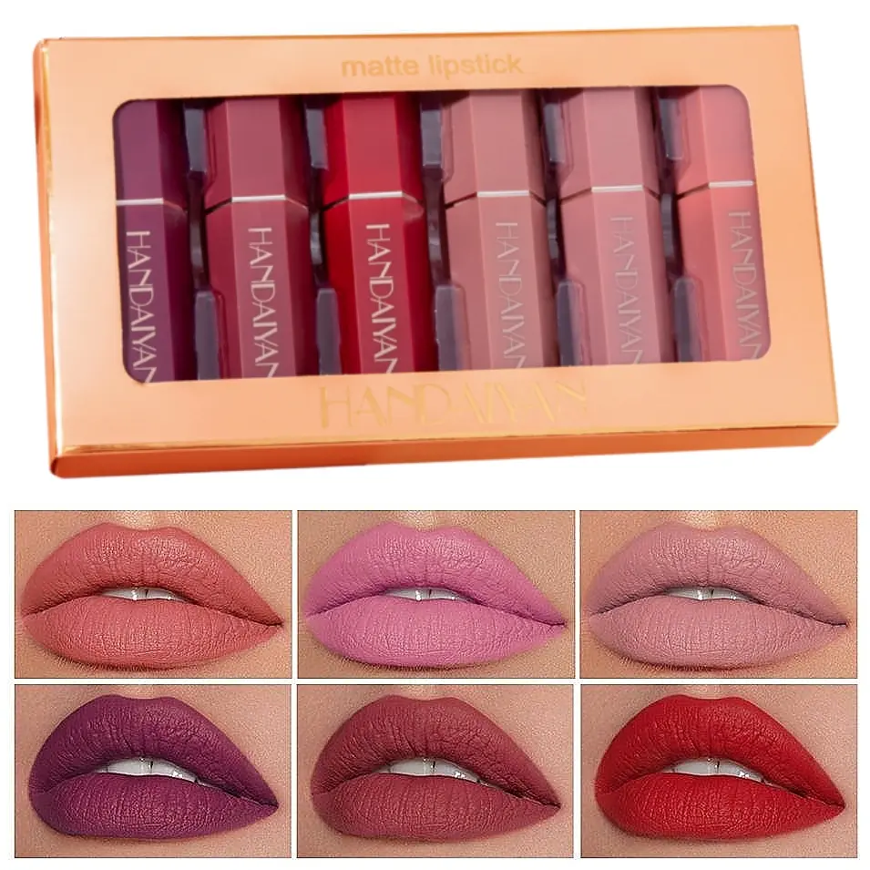 HANDAIYAN 6Pcs/Set Vivid Colours Lipstick Set Long Lasting Moisturizing Creamy Texture Soft Watermelon Flavored Lipstick With Gift Box Gloss Lipgloss Makeup Glossy Cosmetic Moisturize Hydrate