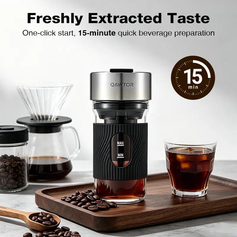 Qawtor 15-Minute Cold Brew Coffee Maker, Portable USB Cold Brew Machine for Smooth Low-Acid Iced Coffee, Space-Saving Electric Coffee Brewer with Spoon, Funnel & Brush for Home, Office & On-the-Go Use