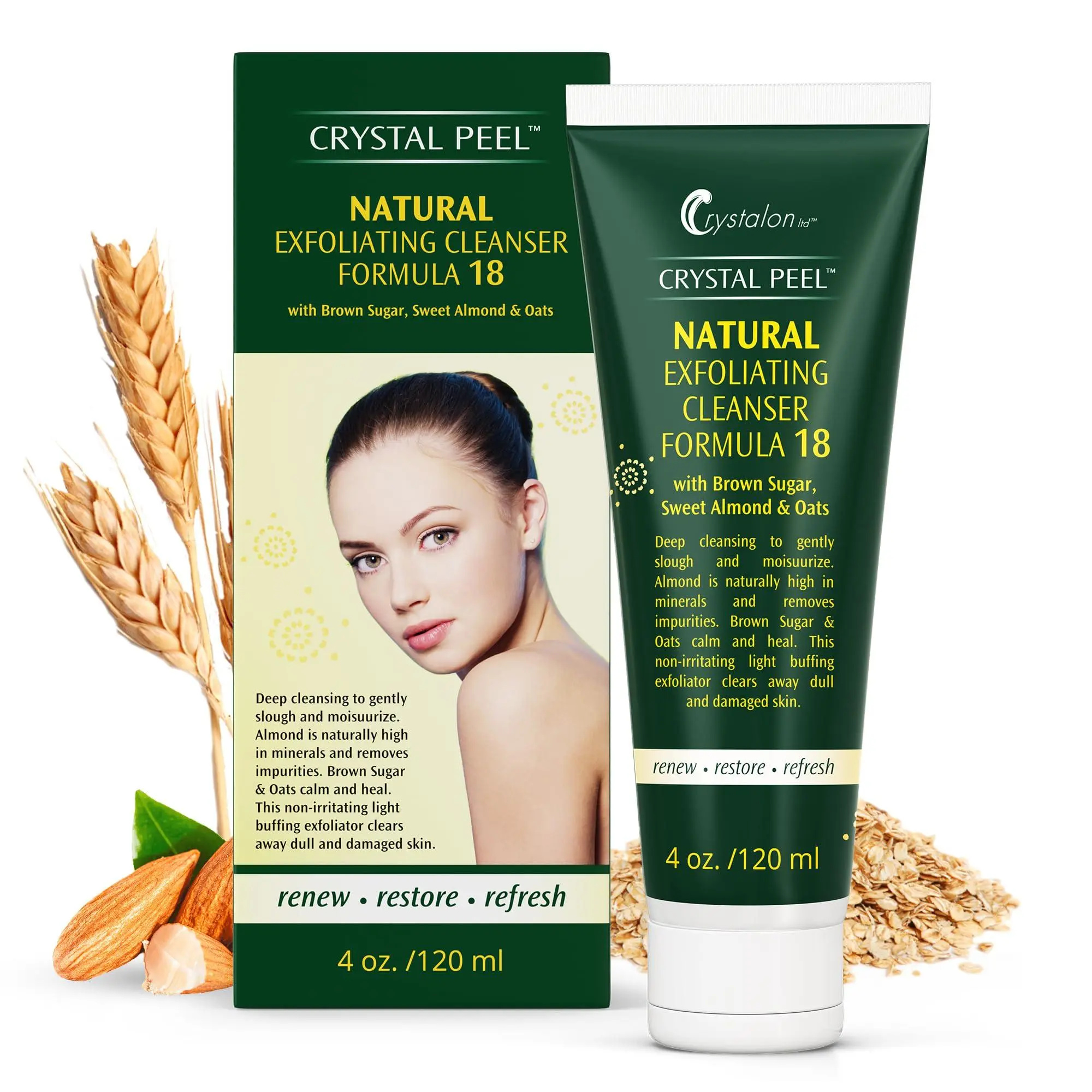 Crystal Peel Natural Exfoliating Face Cleanser Formula 18 - Gentle Daily Facial Scrub with Brown Sugar, Sweet Almond, Oats for Smooth, Hydrated Skin - 4 oz