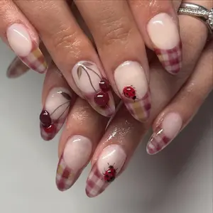 Cherry Picnic Press On Nails | Hand-Painted Plaid Tips with Ladybugs & Fruit Art | Summer Picnic Nail Set | Nature-Inspired Nails | DC318H