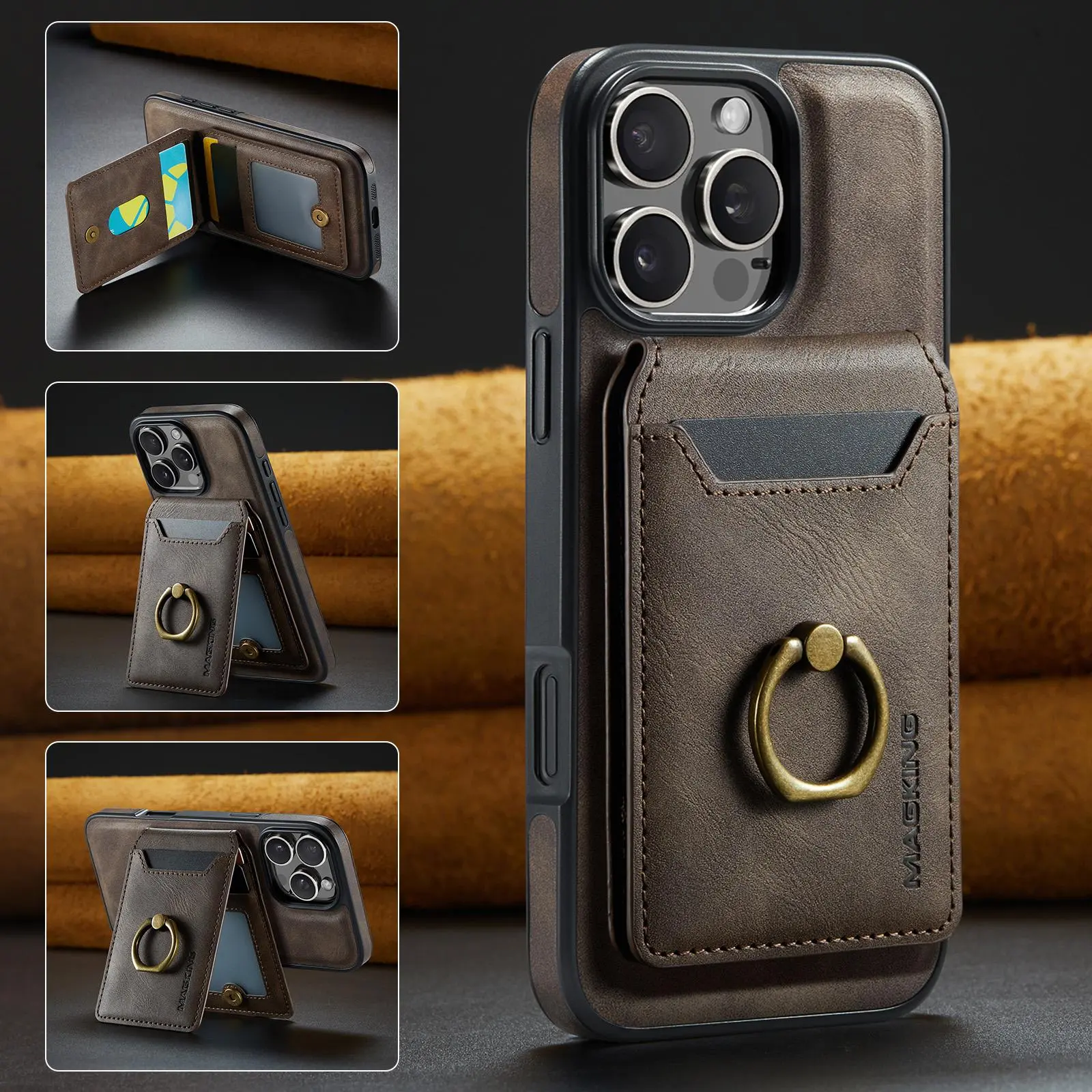 2-in-1 MagSafe wireless charging ring leather magnetic card bag can be used as a stand phone case Casing for iPhone 17 Pro Max 17 Air 16 Pro Max 15 14 Plus 13 12 11 Pro Max all inclusive anti fall protective cover Handheld