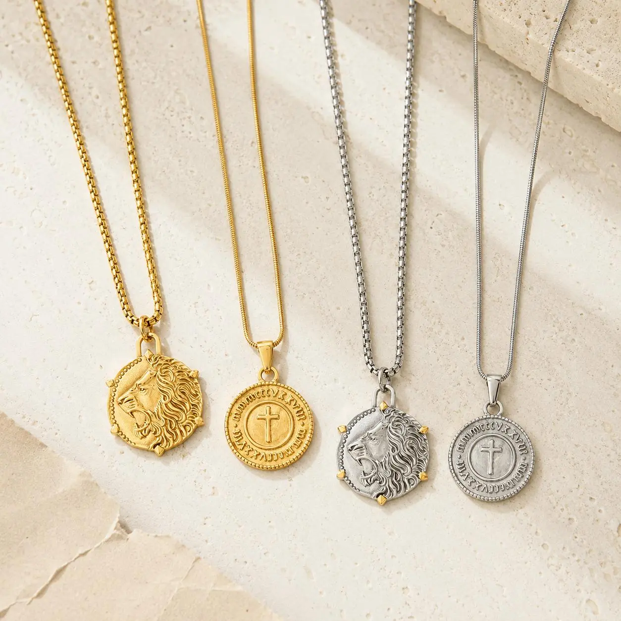 Unisex Stainless Steel Cross & Lion Pendant Necklace - Gold/Silver Round Medallion, INS-Style Y2K Costume Jewelry, Gift for Men/Women