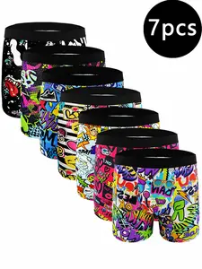 Men's Graffiti Print Stretch Boxer Set, 7 Pcs, Long Fashion Trunks, Breathable Comfort Fabric, Soft Material, Daily Wear & Relax