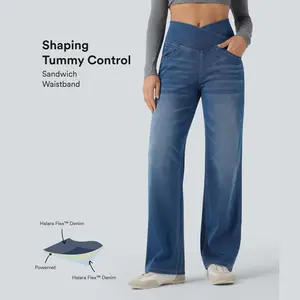Halara Flex Crossover High Waisted Tummy Control Casual Straight Leg Jeans with Pockets