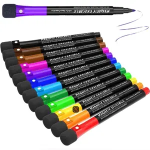 12 Color Fine Tip Magnetic Dry Erase Markers, Rubber Eraser Cap, Whiteboard Pens for Office Supplies, Drawing, Plastic Surfaces, Art Pen Marker