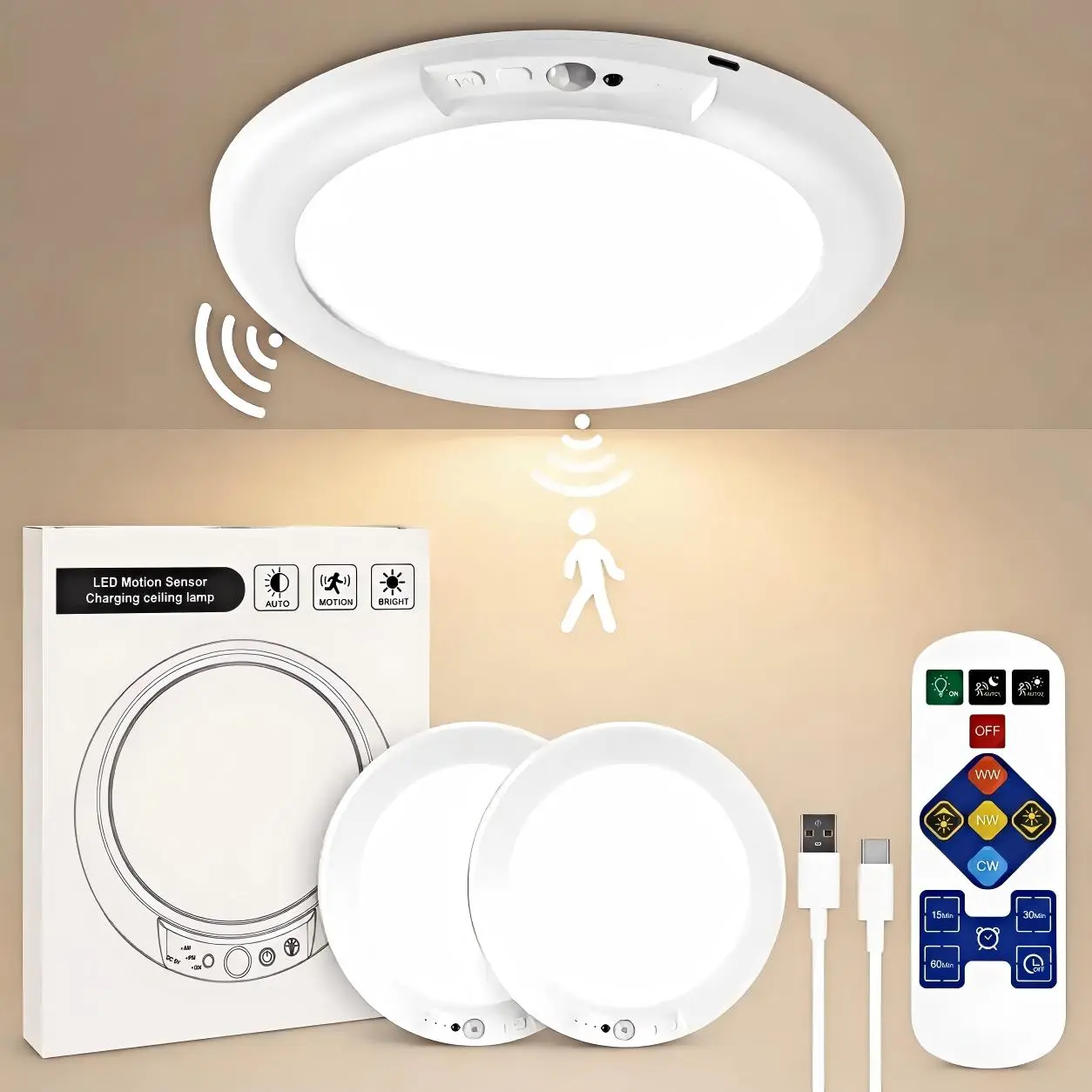 Rechargeable Motion Sensor Ceiling Lights - 1-Pack/2-Pack Wireless Battery-Powered Magnetic LED Lights with Remote, 3 Color Modes, 10 Brightness Levels for Closet, Pantry, Garage