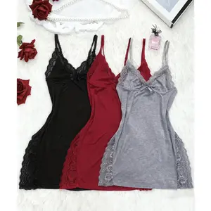 3pcs Women'S Solid Color Lingerie Sleepwear with Lace Panels, Side Slit & Sexy Lace Nightgowns - V-Neck, Sleeveless, Summer Casual Sleepwear for Adults, Sleepwear Sets, Intimate Apparel, Elegant Nightdress, Lace Trim Details