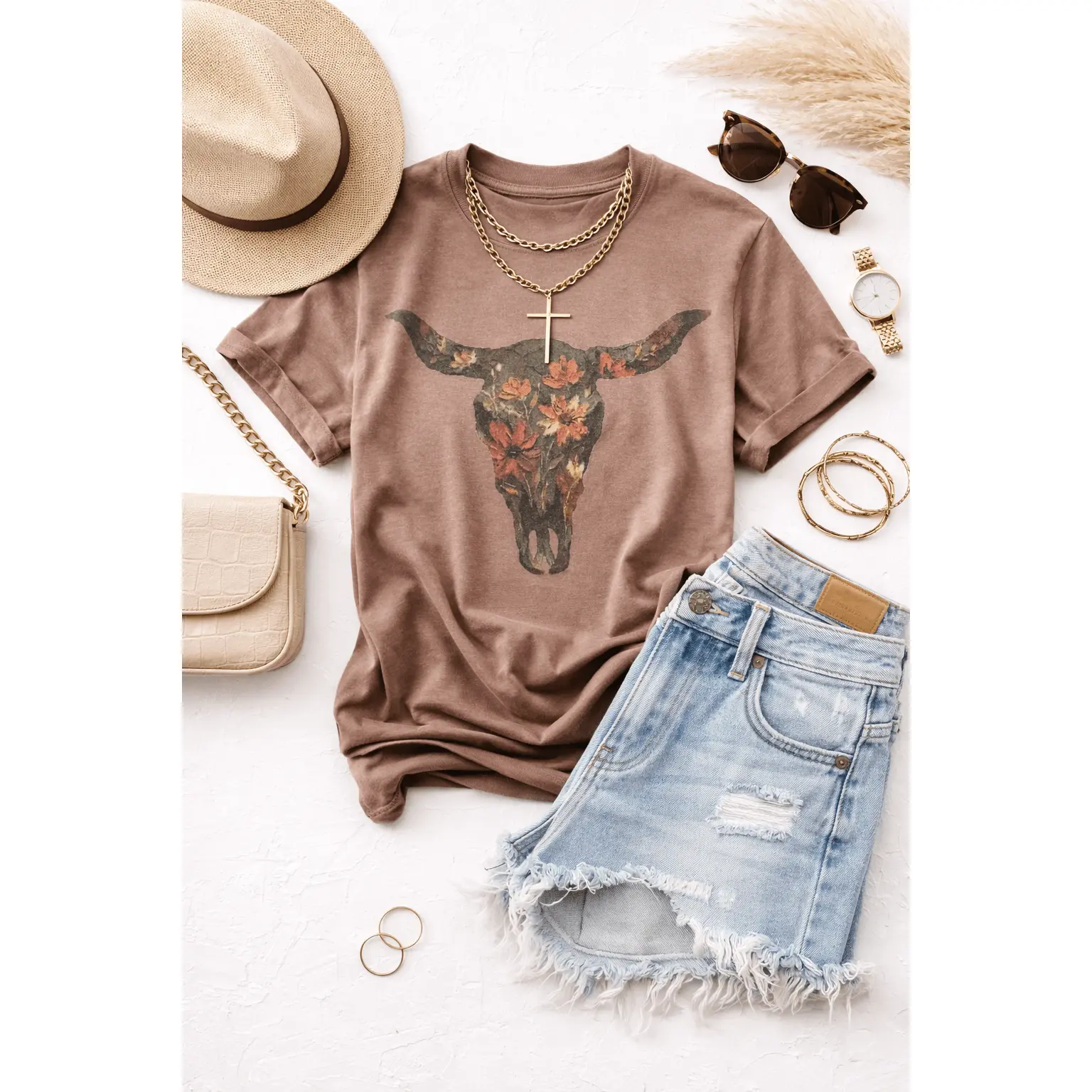 Plus/Reg Short Sleeve "Floral Longhorn" Graphic Tee